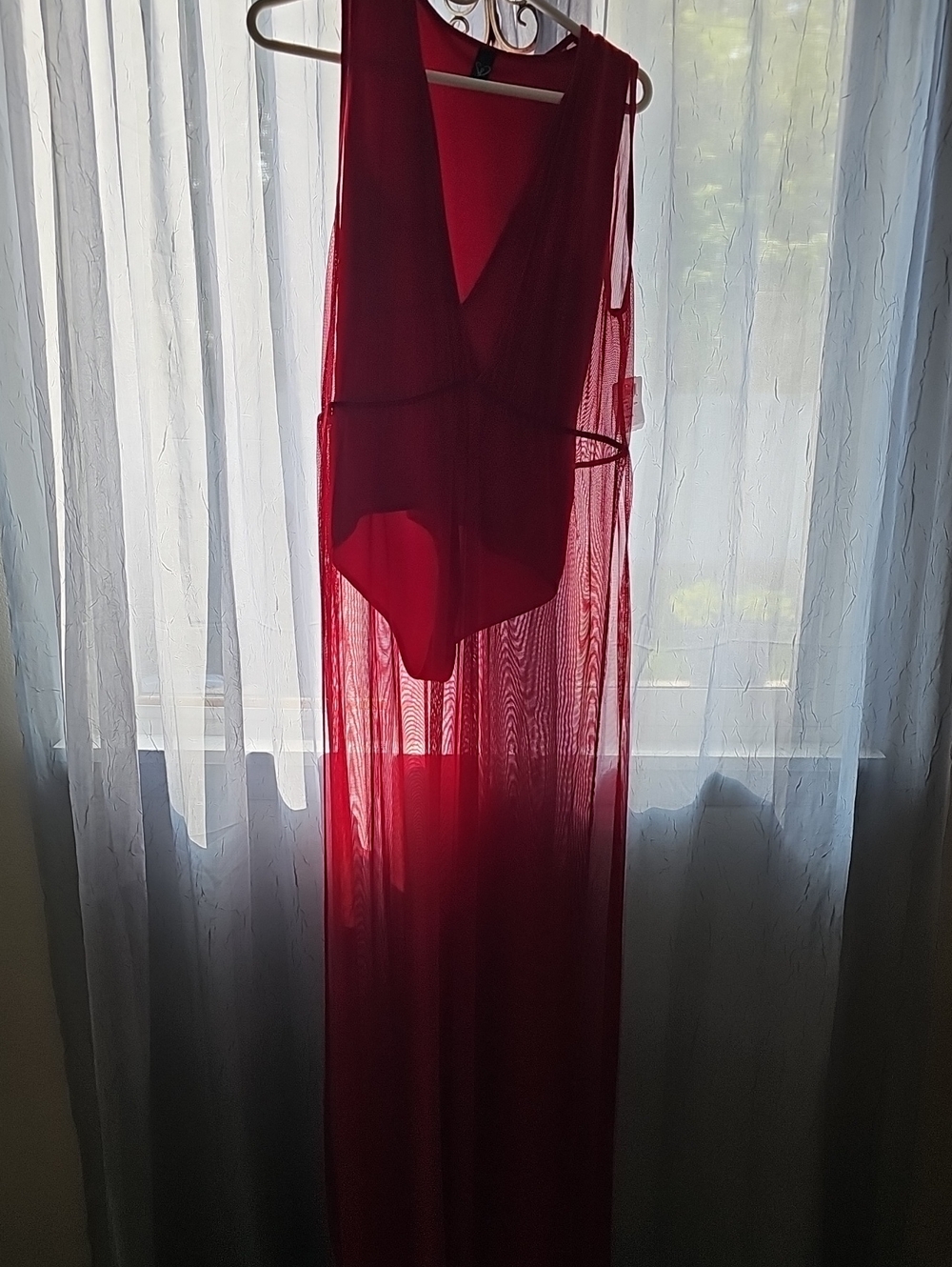 Windsor Sheer Body Suit Red Maxi Chemise with Deep V